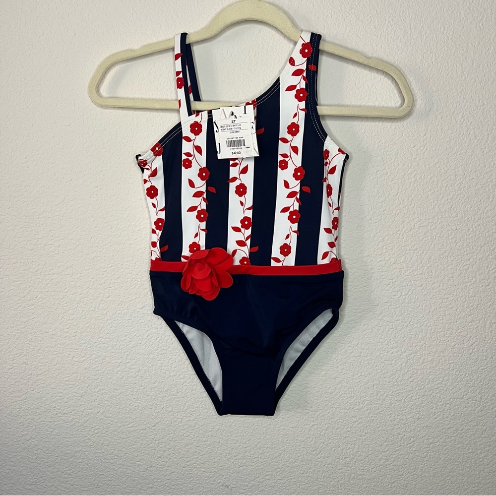 Janie And Jack Navy Floral Stripe Asymmetrical Swim Suit  NEW 2T